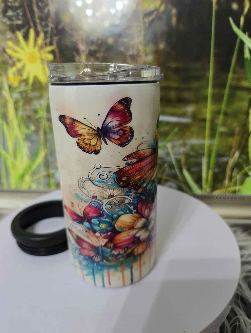 Handmade Butterfly 12oz Slim Duozie Tumbler Can Cooler with Extra Lid New